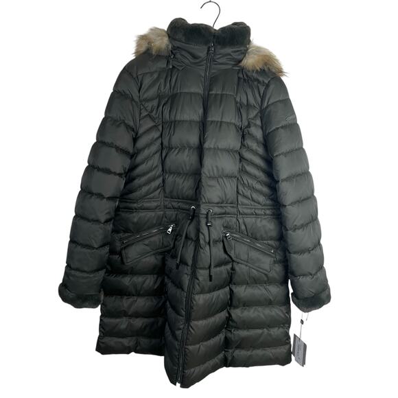 Laundry By Shelli Segal Womens Sz XL Dark Olive Midi Puffer Coat Removable Hood - Picture 1 of 11
